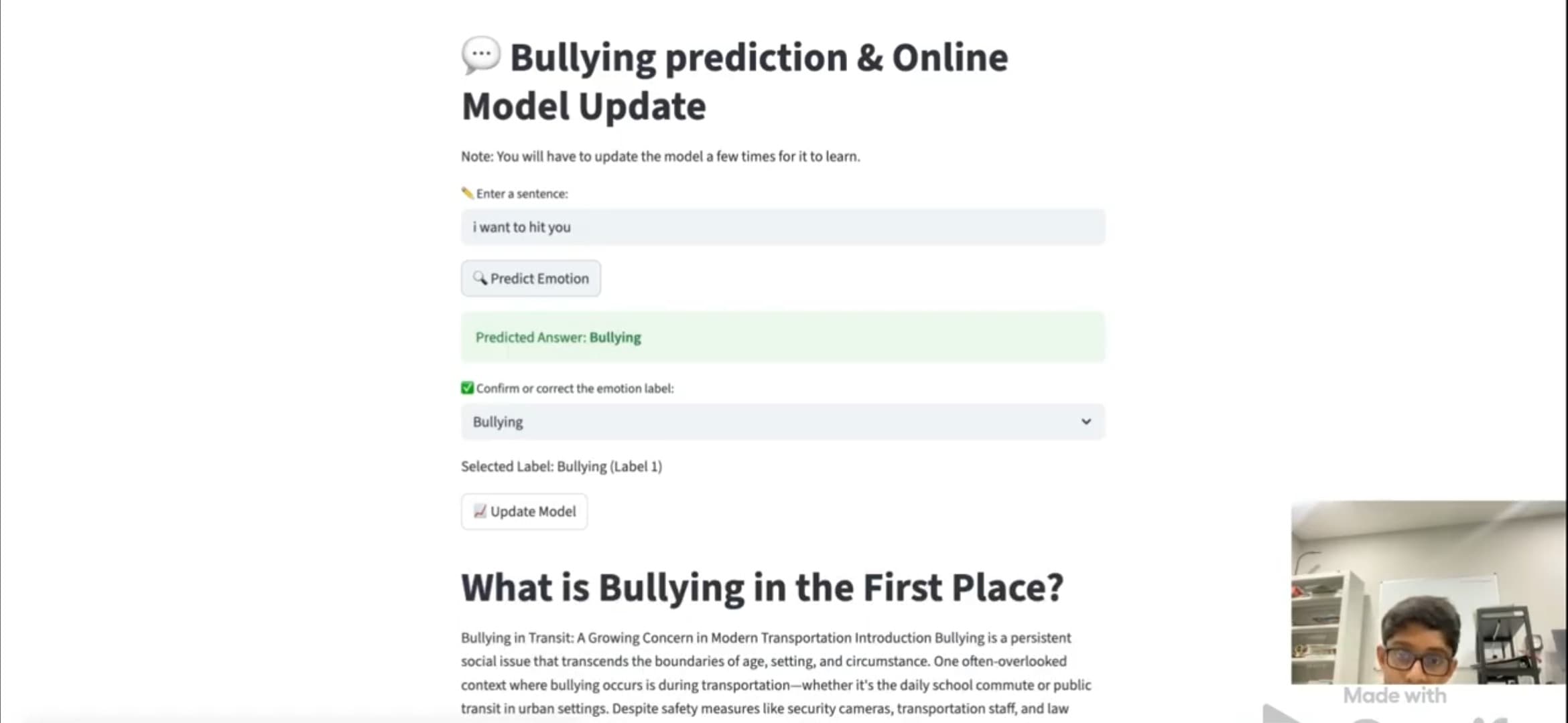 Screenshot of Bullying Binary Classification Model